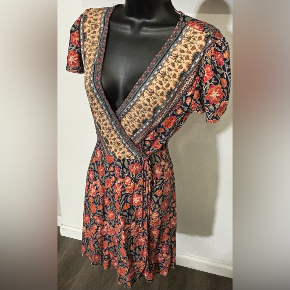 Blue Rain Colorful Ruffle Short Sleeves Mini Wrap boho Dress Sz M, Low V-neck